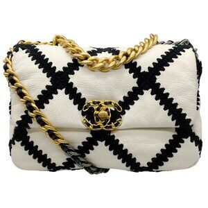 Chanel 2021 White Leather / Black Crochet Medium 19 Flap Bag